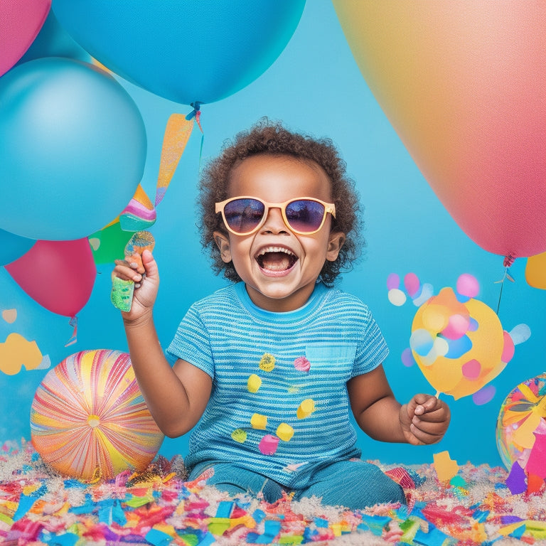 A colorful illustration of a smiling child surrounded by summer-themed objects (ice cream, sunglasses, beach balls) holding a math-filled puzzle or game, with confetti and balloons in the background.
