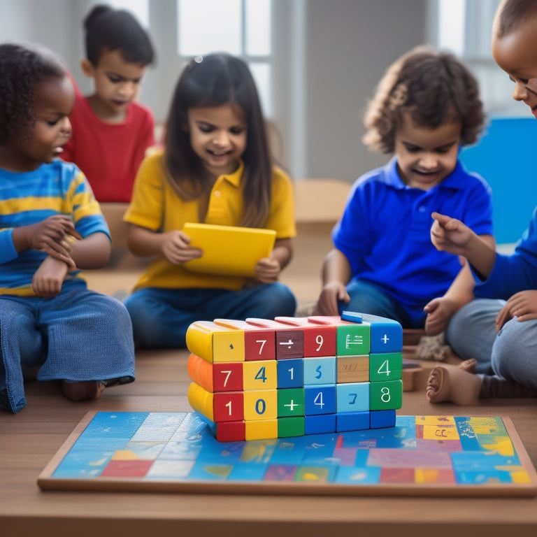 A colorful, clutter-free background with a Marbotic Smart Numbers Toy, consisting of 10 numbered wooden blocks, and a tablet with a math problem displayed, surrounded by happy, curious children's hands.