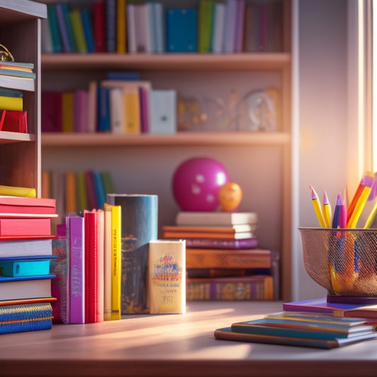 A colorful, organized bookshelf with various homeschooling curriculum books, folders, and educational toys, surrounded by a subtle glow, set against a warm, sunny background with a few scattered pencils.