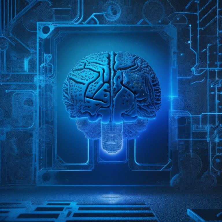 A futuristic, minimalist illustration featuring a brain surrounded by gears, circuits, and puzzle pieces, with math symbols and shapes orbiting around it, set against a dark blue background with neon accents.