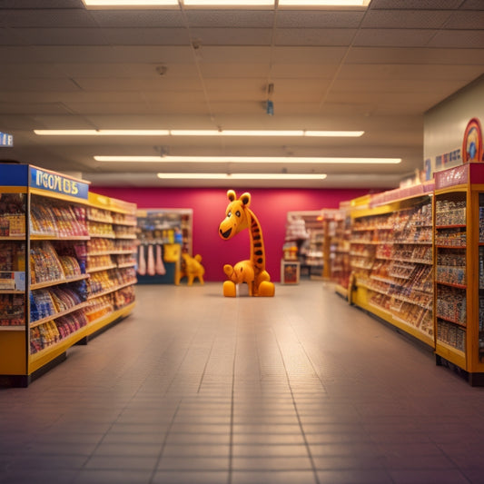 A deserted, dimly lit Toys R Us store interior with empty shelves, a faded Geoffrey the Giraffe logo, and a few scattered, forgotten toys amidst a backdrop of faded bright colors and broken dreams.