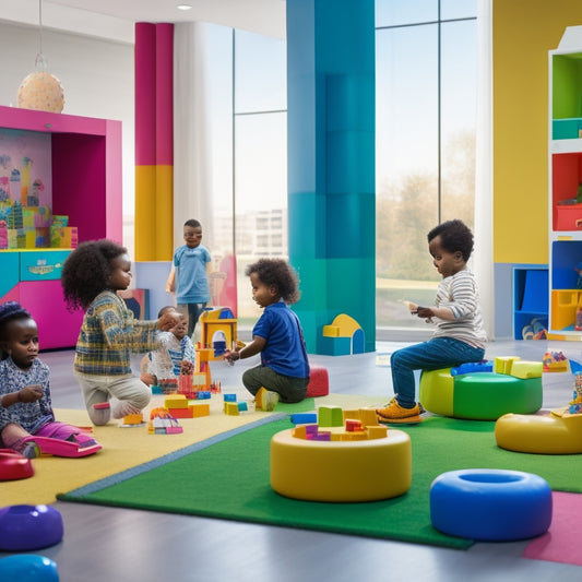 A bright, modern playroom filled with diverse children aged 4-8, engaged with futuristic toys and interactive learning tools, amidst a backdrop of colorful building blocks and soft, rounded play structures.