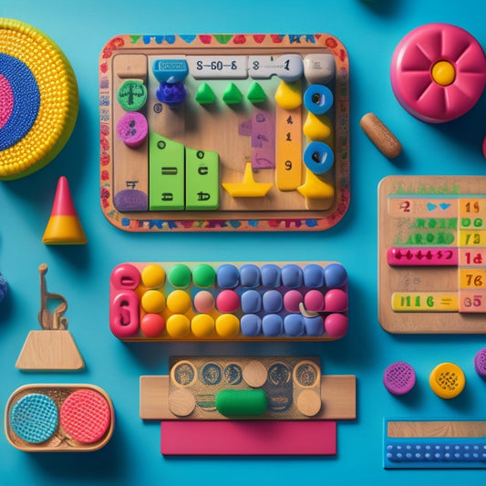 A colorful, clutter-free background with a mix of special needs-friendly math games and tools, including a tactile abacus, a matching game with large buttons, and a puzzle with oversized pieces.