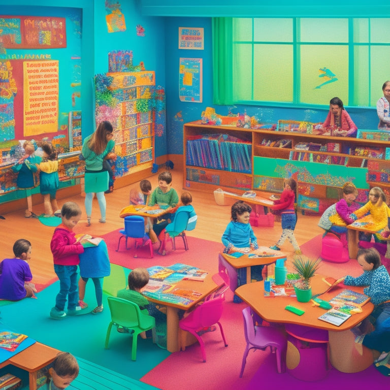 A vibrant illustration of a colorful elementary school classroom, with diverse students engaged in various activities, surrounded by puzzles, art supplies, and educational materials, with a subtle background of chalkboards and bookshelves.