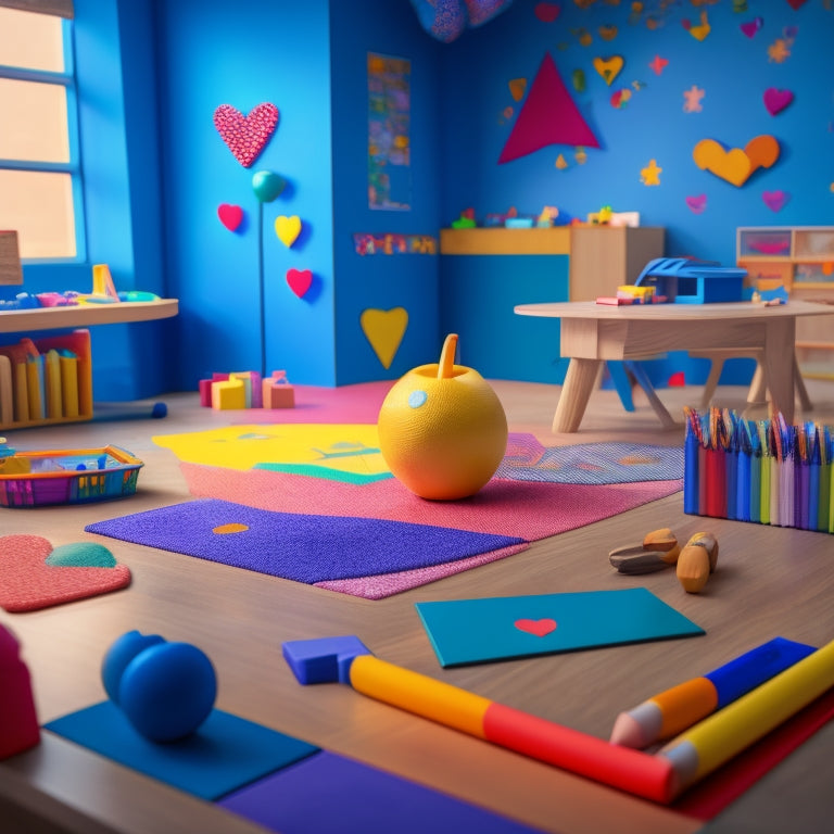 A colorful illustration of a kindergarten classroom with a teacher's desk, blocks, and toys in the background, featuring a large, empty worksheet with crayons and pencils scattered around it, surrounded by various shapes like hearts, stars, and circles.