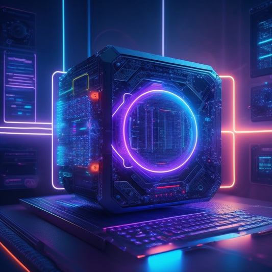 A futuristic desktop with glowing neon circuits, wires, and microchips, surrounded by swirling clouds of binary code, with a stylized, shimmering keyhole in the center, emitting a bright, pulsing light.