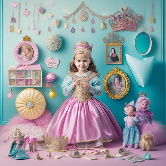 A whimsical illustration of a little girl surrounded by various princess costumes and accessories, with Janod MagnetiBook pieces and magnets scattered around her, amidst a soft, pastel-colored background.