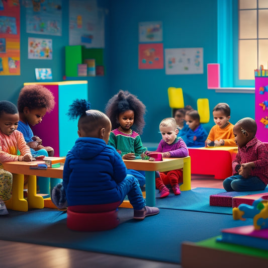 A colorful illustration of a kindergarten classroom with children sitting at tablets, surrounded by alphabet blocks, books, and reading-related toys, with a subtle digital glow emanating from the screens.