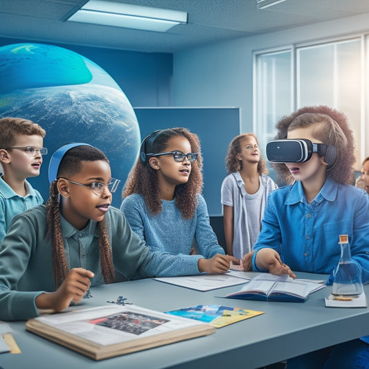 A futuristic classroom with virtual reality headsets, tablets, and laptops displaying vibrant, 3D math puzzles, surrounded by excited, diverse students collaborating and gesturing with joy.