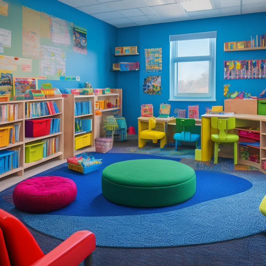 A colorful, clutter-free preschool classroom with a reading nook featuring a plush carpet, wooden bookshelves, and a diverse range of picture books, with engaged children and a smiling teacher.