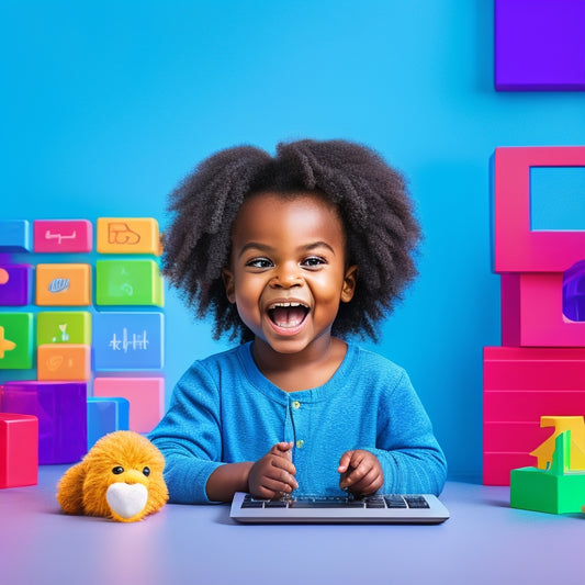 A colorful illustration of a smiling pre-K child sitting in front of a laptop, surrounded by virtual blocks, shapes, and math-themed toys, with a fun, interactive online math game on the screen.