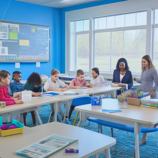 A bright, modern classroom with diverse teachers of various ages and ethnicities, surrounded by colorful educational materials, laptops, and interactive whiteboards, engaged in collaborative learning activities.