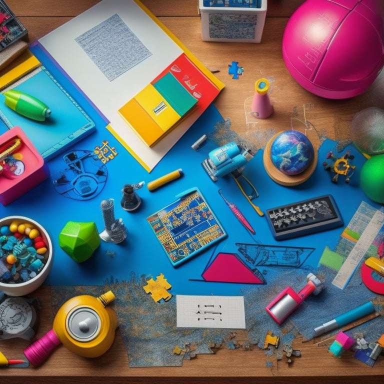 Illustrate a colorful, clutter-free desk with a tablet displaying a math puzzle, surrounded by science-themed toys, including a microscope, globe, and robot, amidst scattered papers with equations and diagrams.
