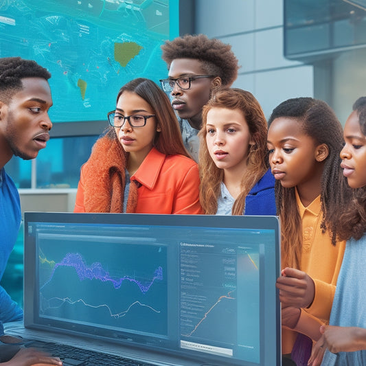 A vibrant illustration of a diverse group of students gathered around a large, interactive touchscreen display, exploring 3D math graphs and charts with curious expressions and gestures.