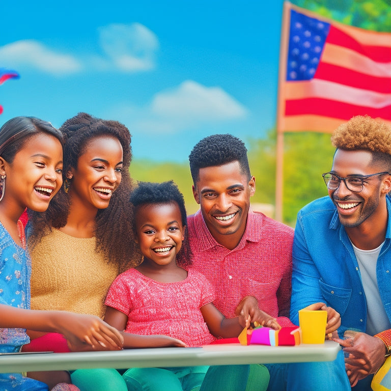 A warm, sunny background with a smiling multicultural family of four gathered around a tablet, each holding a different language-specific flag, surrounded by speech bubbles and colorful educational icons.