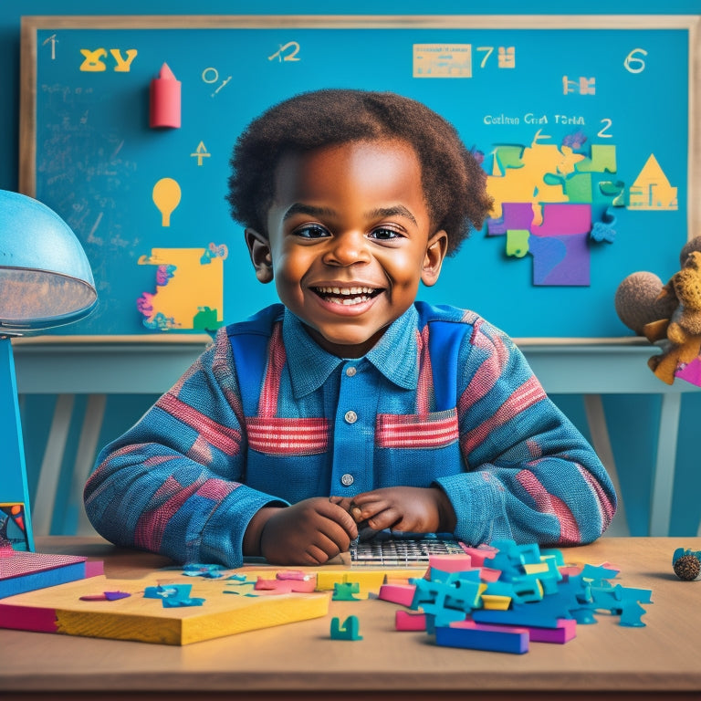 A vibrant, colorful illustration of a smiling child sitting at a desk surrounded by math-themed objects: puzzle pieces, geometric shapes, a calculator, and a partially solved math problem on a chalkboard in the background.