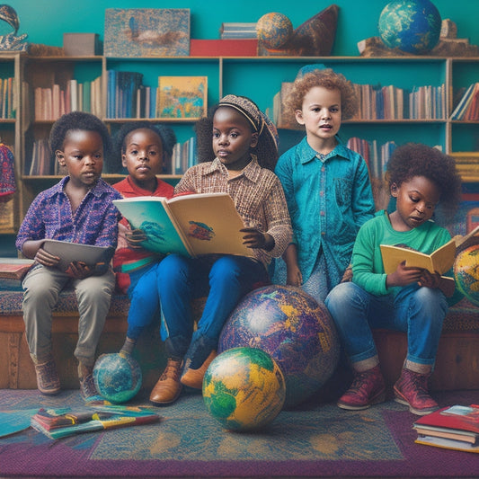 A vibrant, eclectic illustration featuring a diverse group of children surrounded by various educational materials, including globes, art supplies, musical instruments, and stacks of books with different covers and colors.