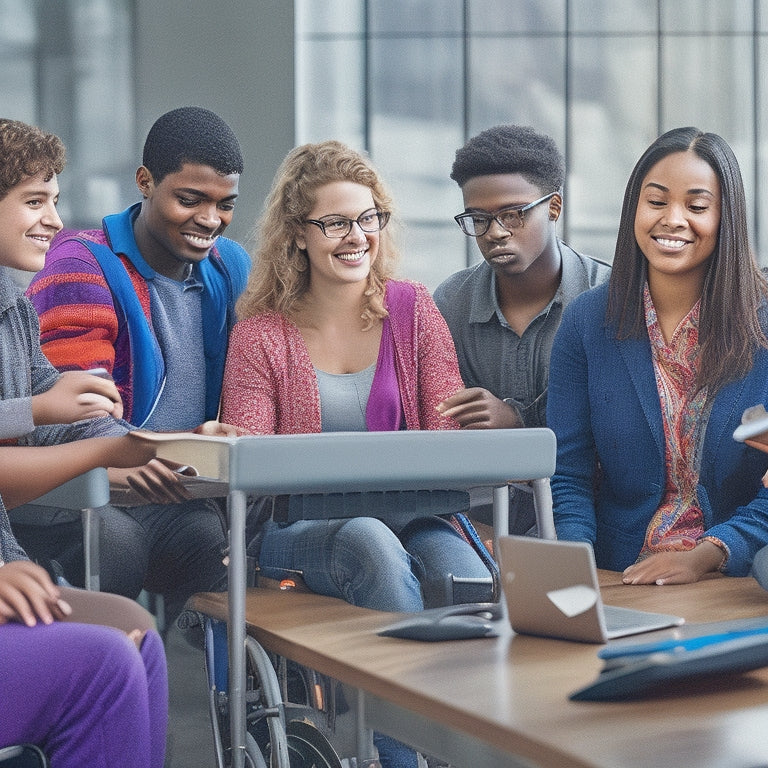 An illustration of a diverse group of students with disabilities using various digital tools, such as tablets, laptops, and assistive devices, in a vibrant, inclusive classroom setting with colorful educational resources.