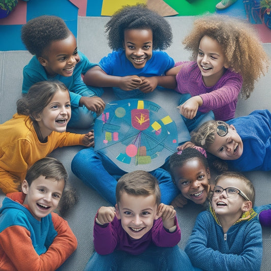 A colorful illustration of a group of diverse, happy children aged 6-10, sitting in a circle around a laptop, engaged in a math game, with math-related icons and shapes floating above their heads.