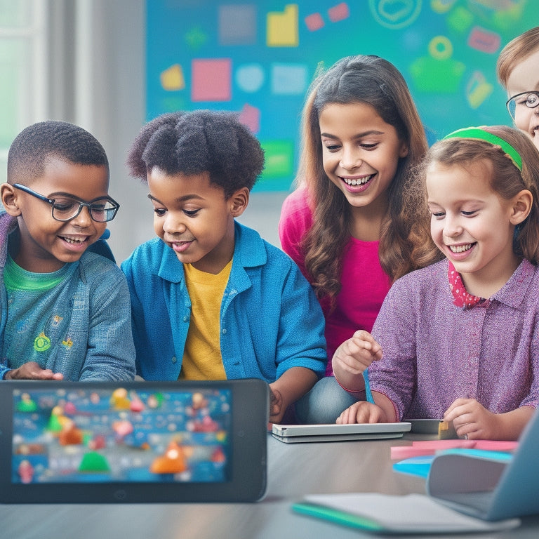 A colorful illustration of a diverse group of happy kids aged 6-12 gathered around a tablet, laptop, and desktop, engaged with interactive math software, surrounded by math-related icons and shapes.