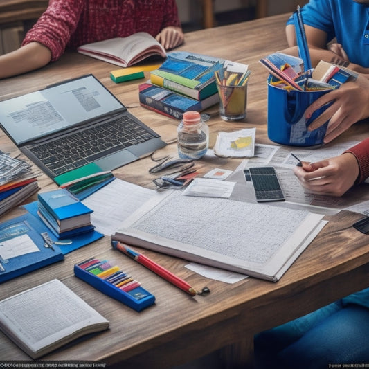 A cluttered desk with open math textbooks, scattered notes, and a laptop displaying a split-screen of various online math resources, surrounded by pens, pencils, and a stressed teen's hand holding their head.