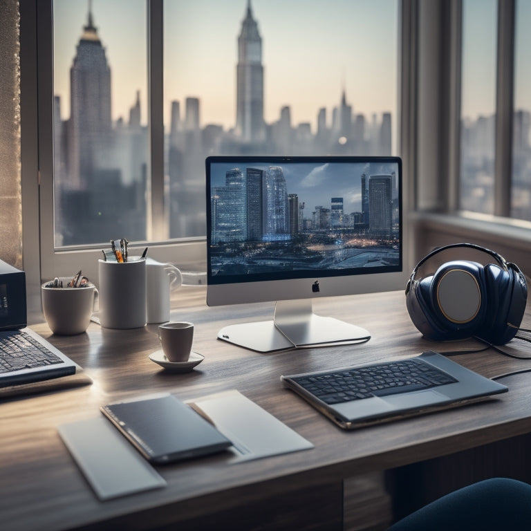 A serene, clutter-free desk with a laptop, headphones, and a notebook, surrounded by a calm, blurred-out background with subtle hints of a cityscape or library, symbolizing focus and productivity.