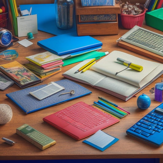 A cluttered high school student's desk with open laptops, scattered notebooks, and a few highlighted math textbooks, surrounded by scattered pens, pencils, and a calculator.