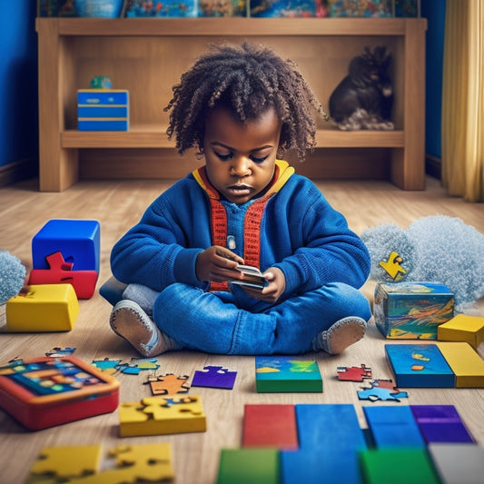 A colorful illustration of a young child sitting cross-legged on a floor, surrounded by tablets and smartphones, with speech bubbles filled with alphabet blocks and puzzle pieces.