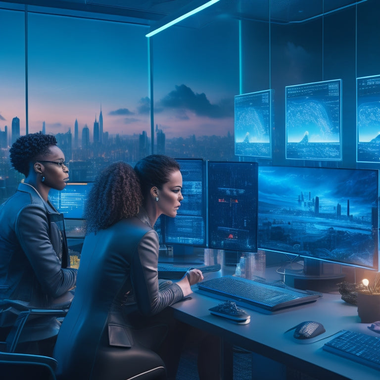 A futuristic virtual classroom with diverse avatars engaging with interactive screens, surrounded by swirling clouds of data, connected devices, and glowing network lines, set against a neon-lit cityscape at dusk.