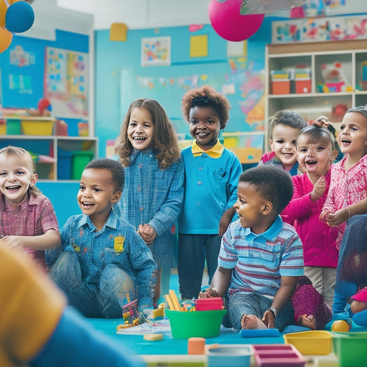 A colorful illustration of a cheerful kindergarten classroom, with a smiling teacher surrounded by happy children engaged in various fun activities, such as painting, building blocks, and playing with toys.