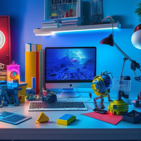 A colorful, clutter-free desk with a laptop, surrounded by diverse toys: a robot, coding blocks, a globe, a microscope, and a virtual reality headset, all interconnected with glowing blue lines.