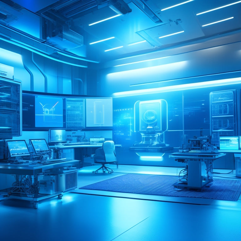 A futuristic, high-tech laboratory with sleek workstations, holographic screens, and robotic arms, surrounded by orbiting gears, circuits, and coding symbols, lit by a bright, pulsing blue glow.