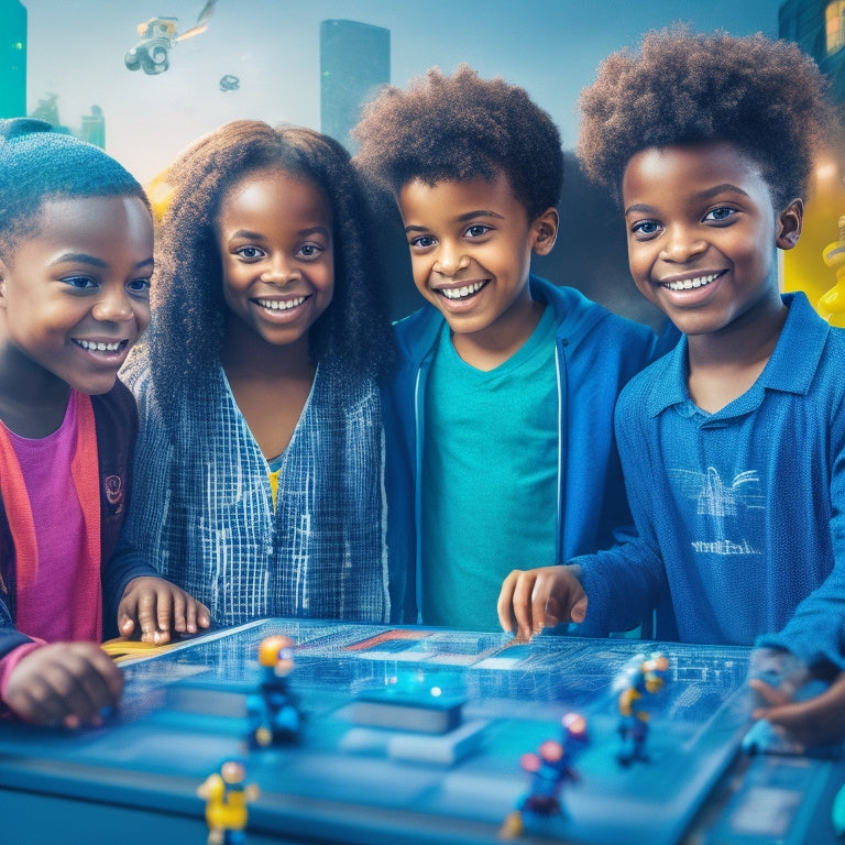 A colorful illustration of a smiling, diverse group of kids (ages 6-12) gathered around a large, transparent tablet, surrounded by coding symbols, robots, and futuristic gadgets, with a cityscape background.