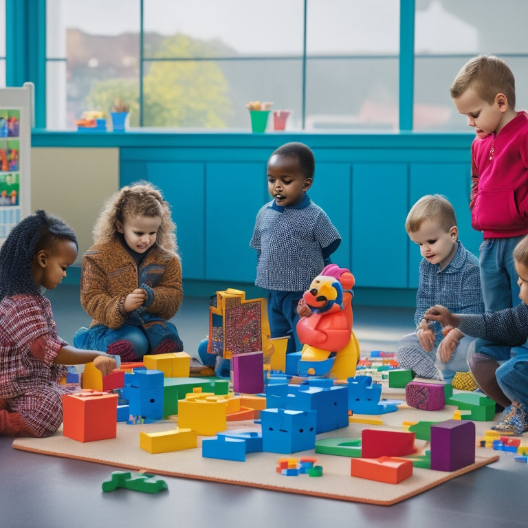 A colorful kindergarten classroom scene with diverse children engaged in interactive math activities: building blocks, counting bears, shape puzzles, and a large, numbered hopscotch grid on the floor.