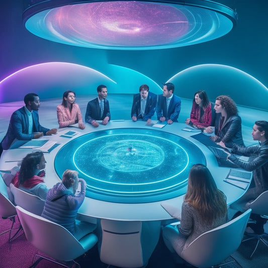 A colorful, futuristic classroom with students gathered around a large, circular table, surrounded by holographic graphs, charts, and 3D models, with a subtle glow of data analysis in the background.