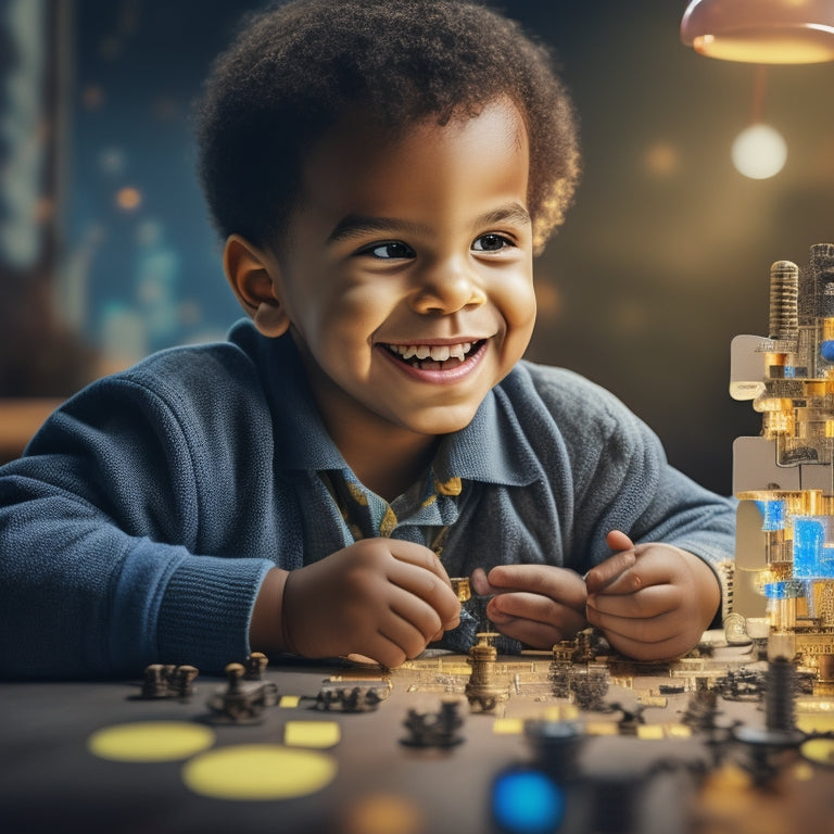 An illustration of a curious, smiling child surrounded by puzzle pieces, gears, and lightbulbs, with a subtle cityscape or blueprint background, conveying creative problem-solving and critical thinking.