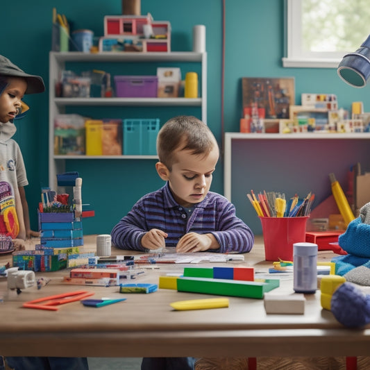 A colorful, clutter-free workspace with various educational kits and materials, including a microscope, building blocks, and art supplies, arranged around a curious child with a thoughtful expression.