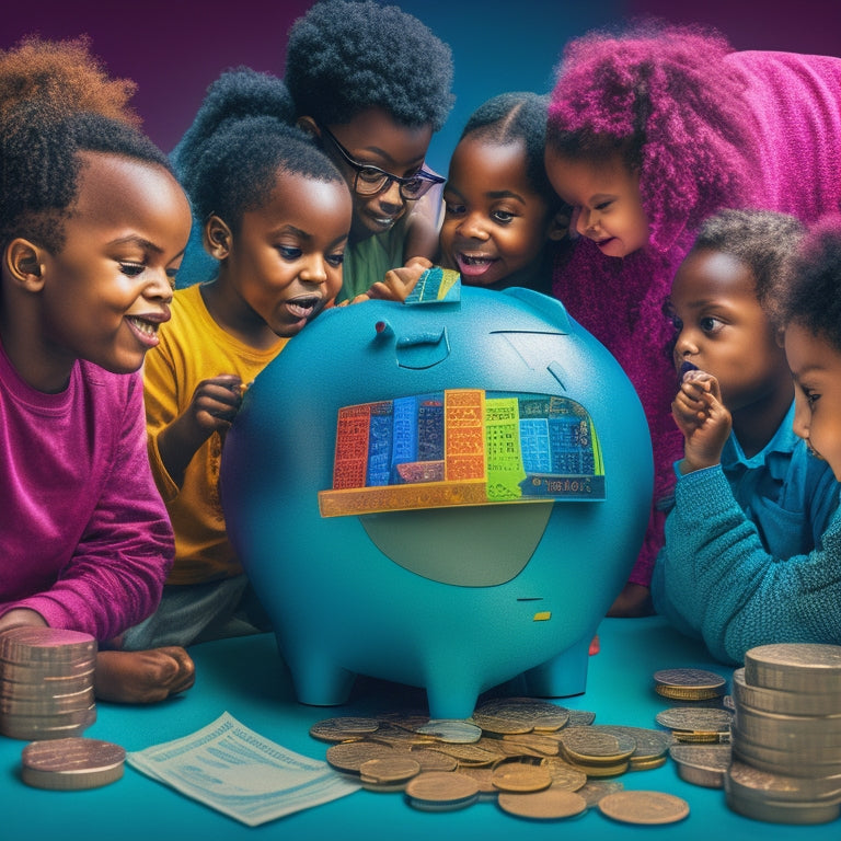 A colorful illustration of diverse children aged 6-12 gathered around a large, interactive piggy bank with coins and bills swirling around them, surrounded by calculators, graphs, and playful financial symbols.