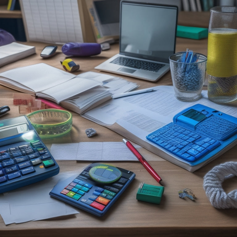 A cluttered desk with crumpled papers, scattered pencils, and an open math textbook, transformed into an organized workspace with a calculator, highlighters, and a laptop, surrounded by a subtle background of math problems.