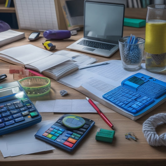 A cluttered desk with crumpled papers, scattered pencils, and an open math textbook, transformed into an organized workspace with a calculator, highlighters, and a laptop, surrounded by a subtle background of math problems.