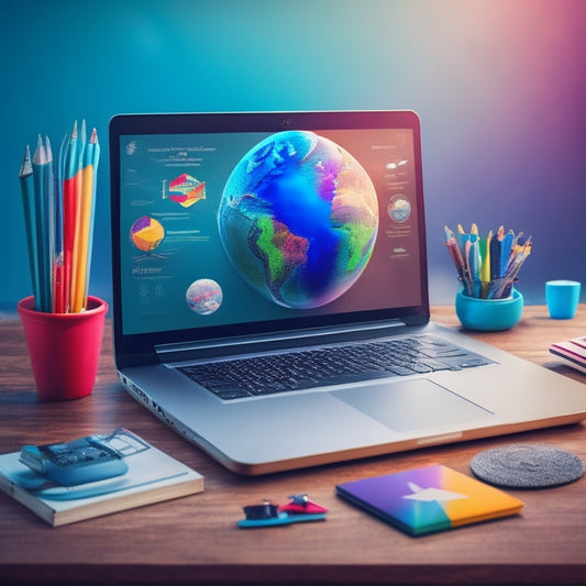 A colorful illustration of a laptop surrounded by orbiting mathematical symbols, icons of popular online learning platforms, and a subtle background of a globe, conveying digital education and global accessibility.