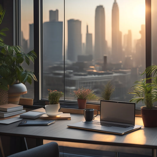 A serene, modern study space with a laptop, surrounded by scattered notebooks, a cup of steaming coffee, and a few potted plants, set against a blurred cityscape background at dawn.