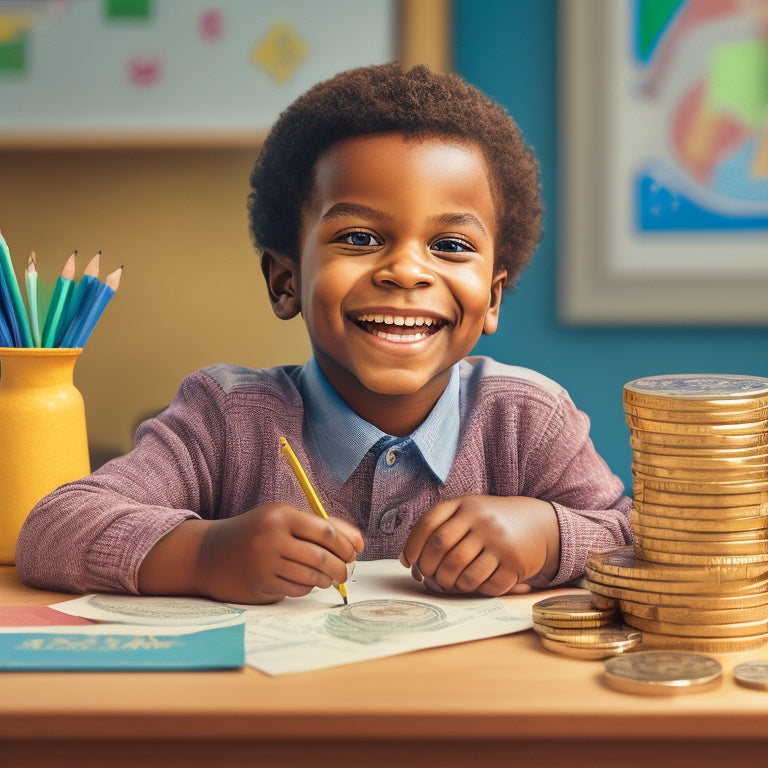 A colorful illustration of a smiling 1st-grade student sitting at a desk, surrounded by coins and dollar bills, with a pencil and worksheet in hand, amidst a subtle background of math symbols and money-themed icons.