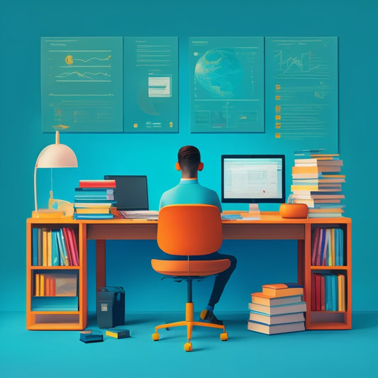 A minimalist illustration of a college student sitting at a desk, surrounded by open laptops and tablets, with various digital math textbooks and equations displayed on the screens.