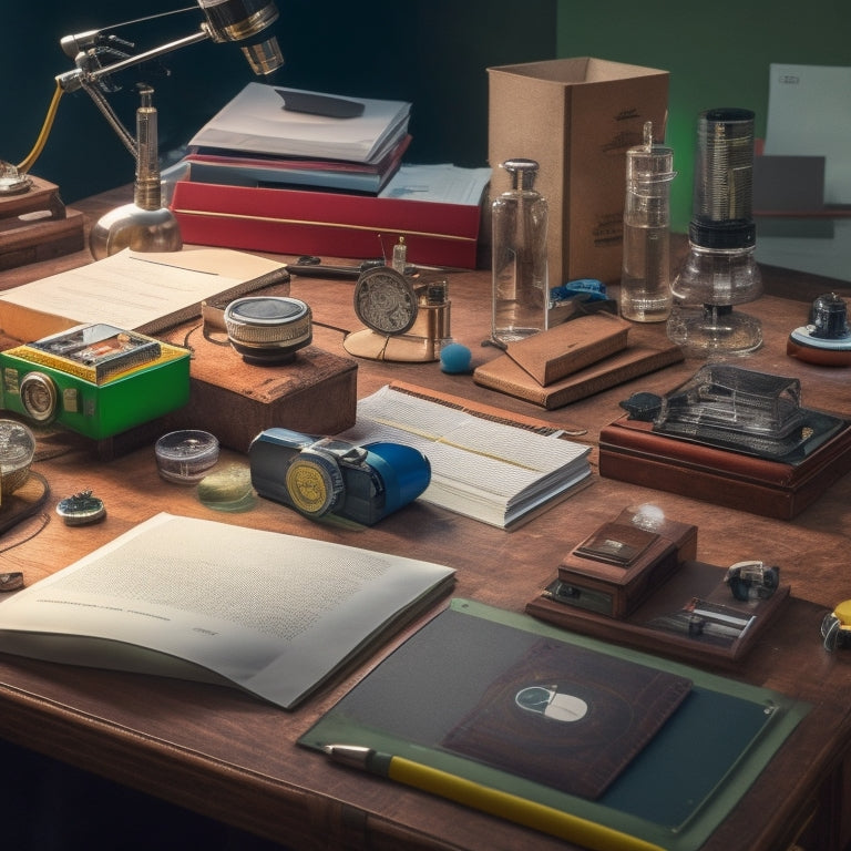 A cluttered student desk with a microscope, various science equipment, and scattered papers, transformed into an organized workspace with labeled folders, a tidy notebook, and a triumphant trophy in the center.