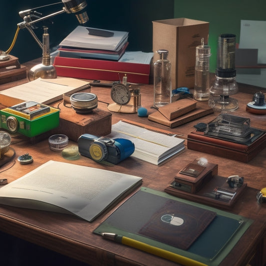 A cluttered student desk with a microscope, various science equipment, and scattered papers, transformed into an organized workspace with labeled folders, a tidy notebook, and a triumphant trophy in the center.