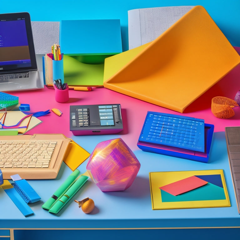 A colorful, organized desk with a laptop, tablet, and calculator surrounded by vibrant math-themed objects like geometry-shaped paperweights, a ruler with a built-in protractor, and a few favorite math books.