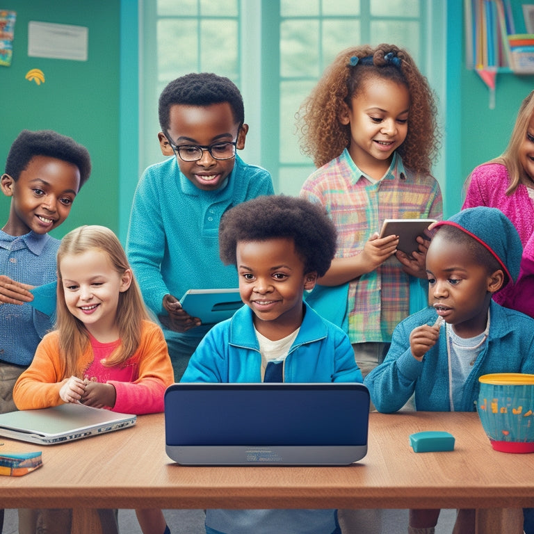 A colorful illustration of diverse children with special needs engaging with various adaptive learning tools, such as tablets, laptops, and assistive devices, in a joyful and inclusive classroom setting.