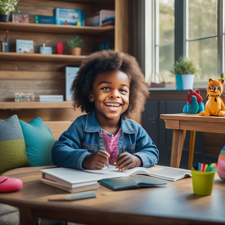 A warm and cozy learning space with a smiling child sitting at a desk, surrounded by a laptop, books, and colorful educational materials, with a subtle hint of a park or outdoor setting in the background.