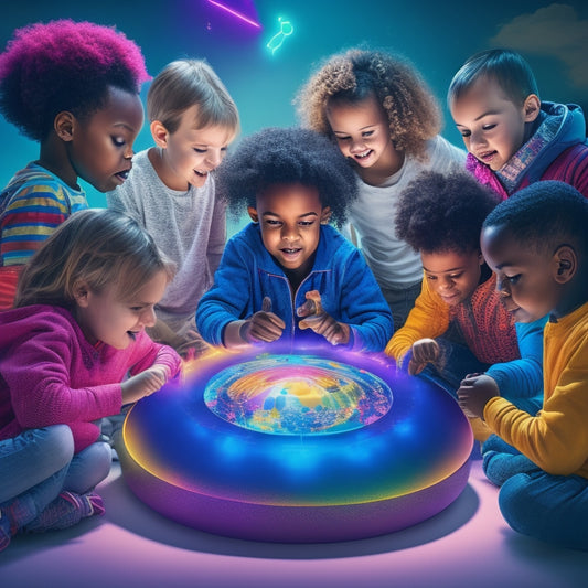 A vibrant, futuristic illustration of diverse children aged 6-12 gathered around a large, glowing tablet, engaged in various virtual activities, surrounded by floating emojis and colorful, swirling digital connections.